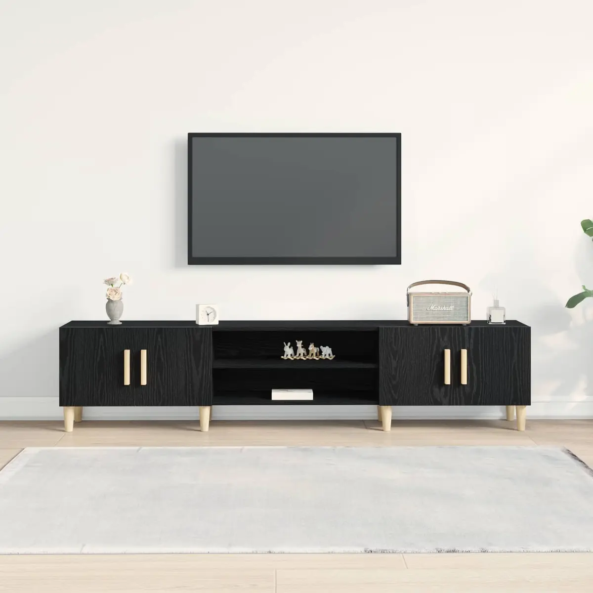 TV Cabinet Engineered Wood 180cm Black Modern Living Room Storage Unit