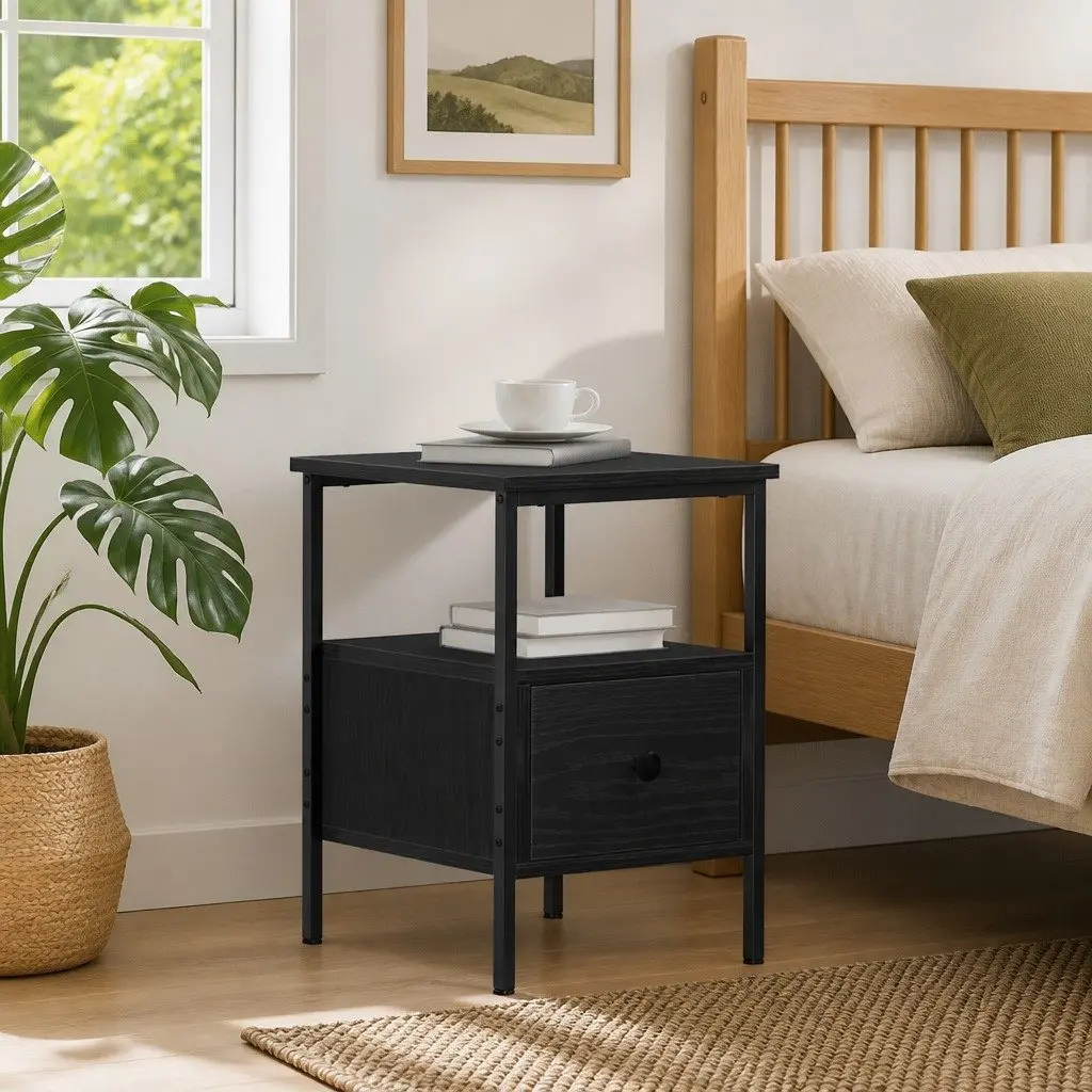 Bedside Cabinet Engineered Wood 34x36x50cm Black Bedroom Storage Drawer Shelf