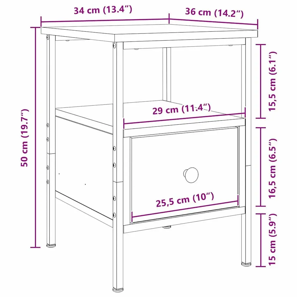 Bedside Cabinet Engineered Wood 34x36x50cm Black Bedroom Storage Drawer Shelf
