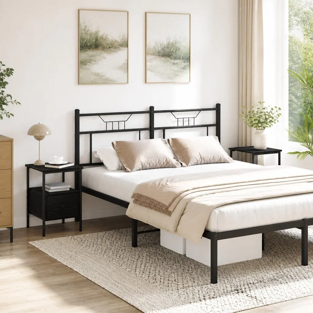 Black Bedside Cabinet Set 2 Pieces Engineered Wood 34 x 36 x 50 cm Compact Storage Table with Drawer and Shelf for Bedroom