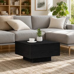 Practical Black Oak Coffee Table with Built-in LED Lights 55x55x31cm