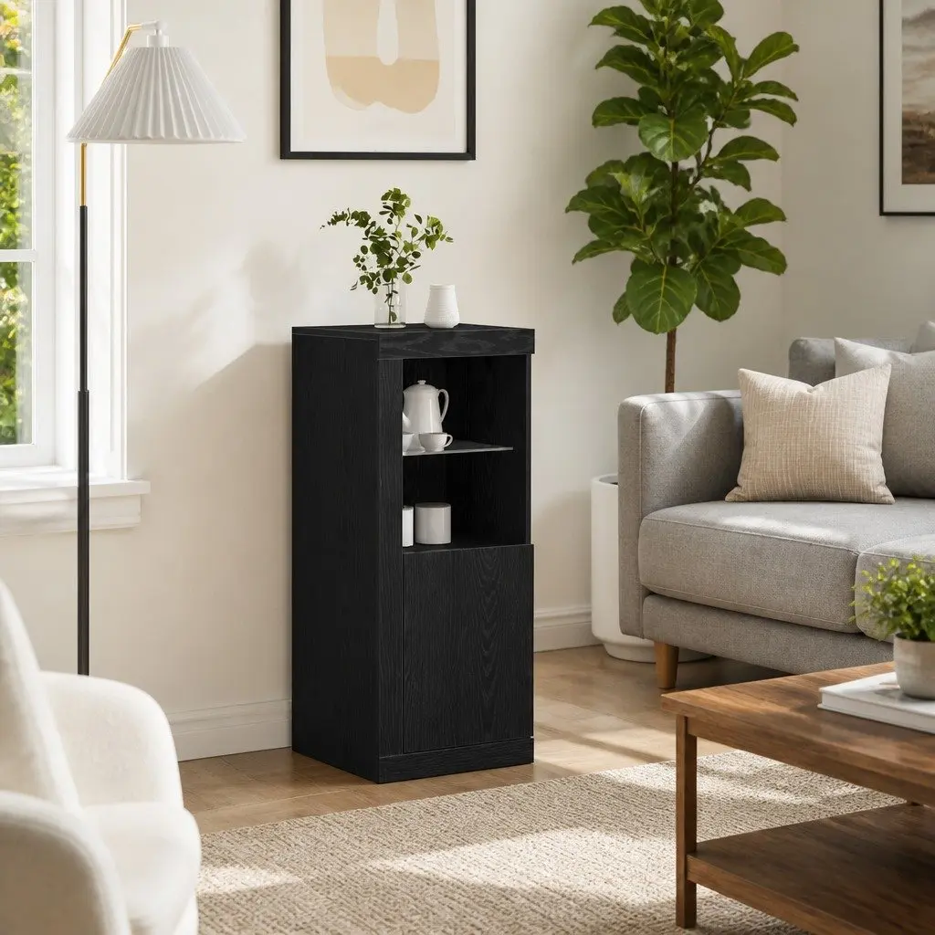 LED Sideboard Black Storage Cabinet Modern Dining Room Buffet Engineered Wood