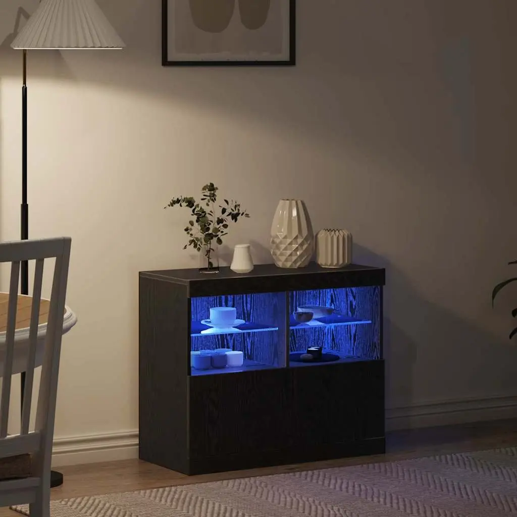 Modern LED Sideboard Black Storage Cabinet Engineered Wood Sliding Doors
