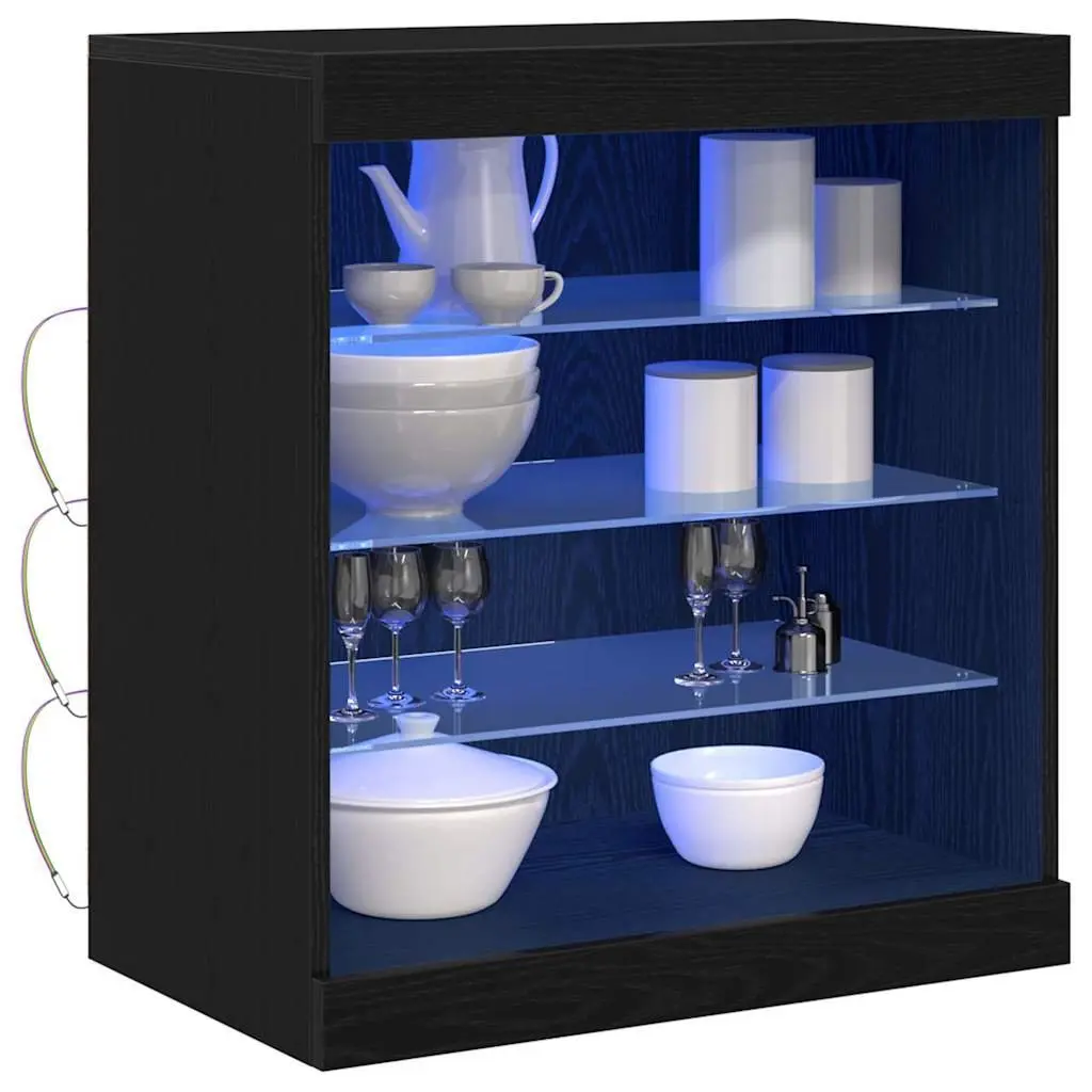 LED Sideboard Black Oak Modern Storage Cabinet Glass Shelves Furniture