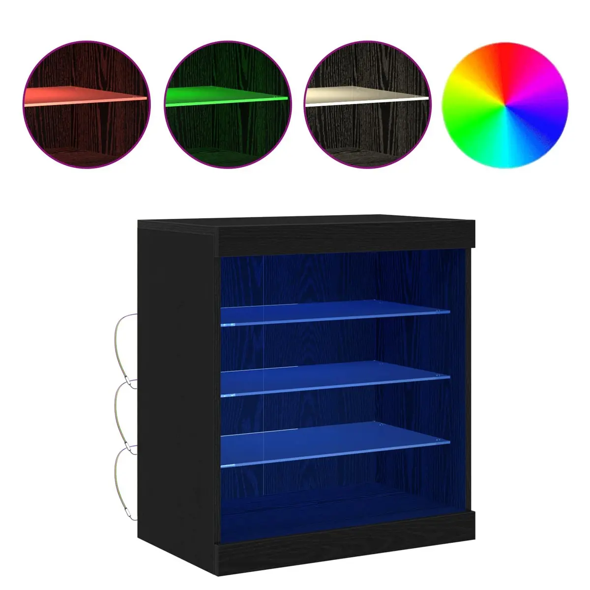 LED Sideboard Black Oak Modern Storage Cabinet Glass Shelves Furniture