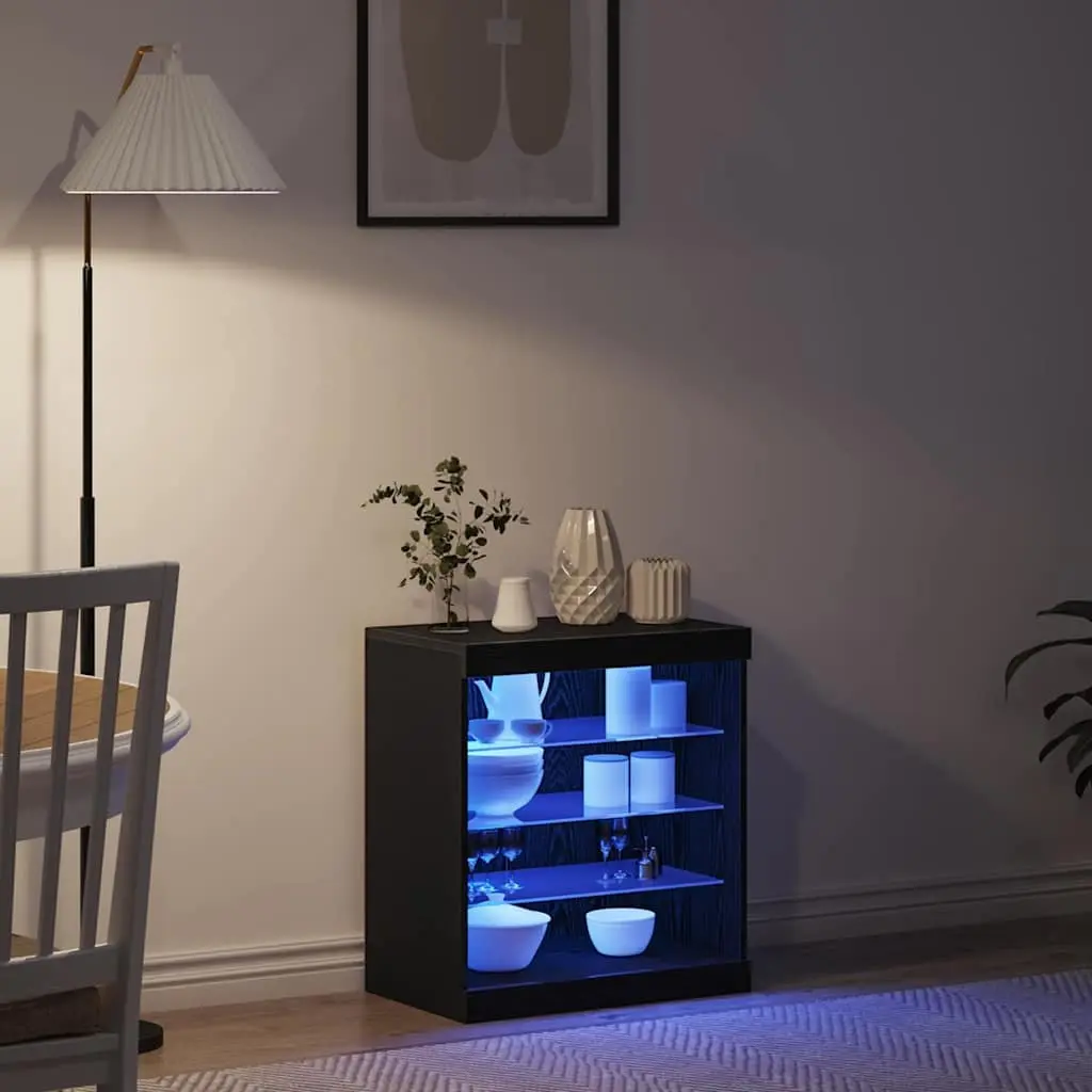 LED Sideboard Black Oak Modern Storage Cabinet Glass Shelves Furniture