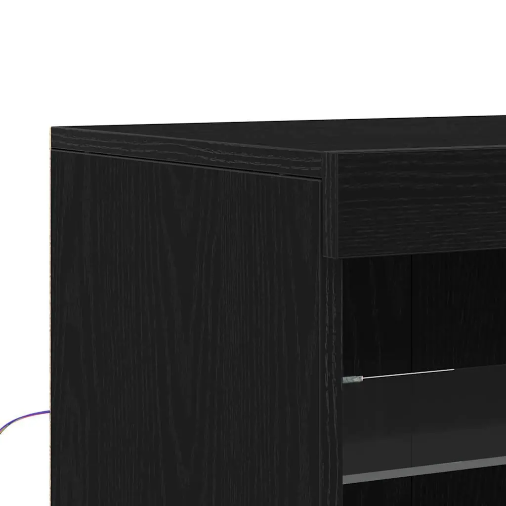 LED Sideboard Black Oak Modern Storage Cabinet Glass Shelves Furniture