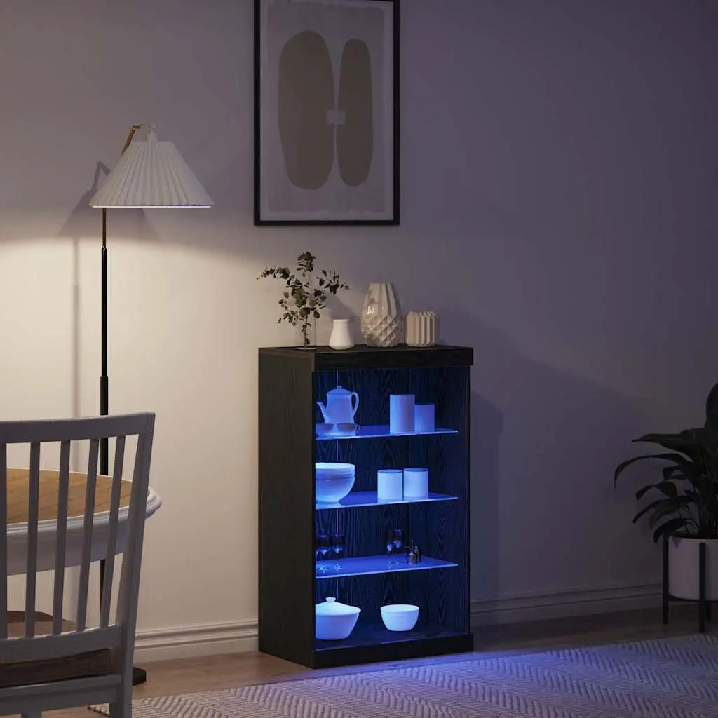 LED Sideboard Engineered Wood 60.5cm Black Oak with Glass Shelves