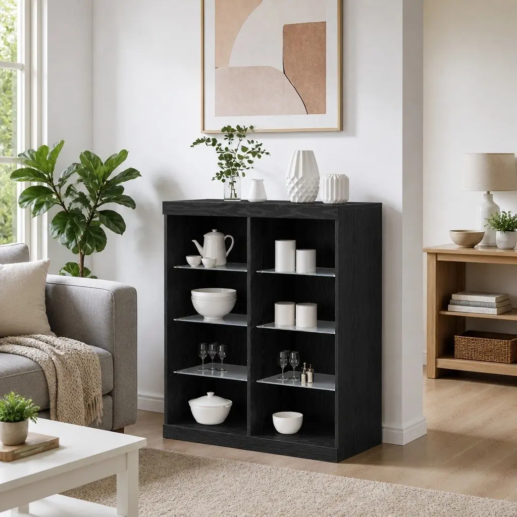 LED Sideboard Black Oak Modern Dining Living Room Storage Cabinet Glass Shelves