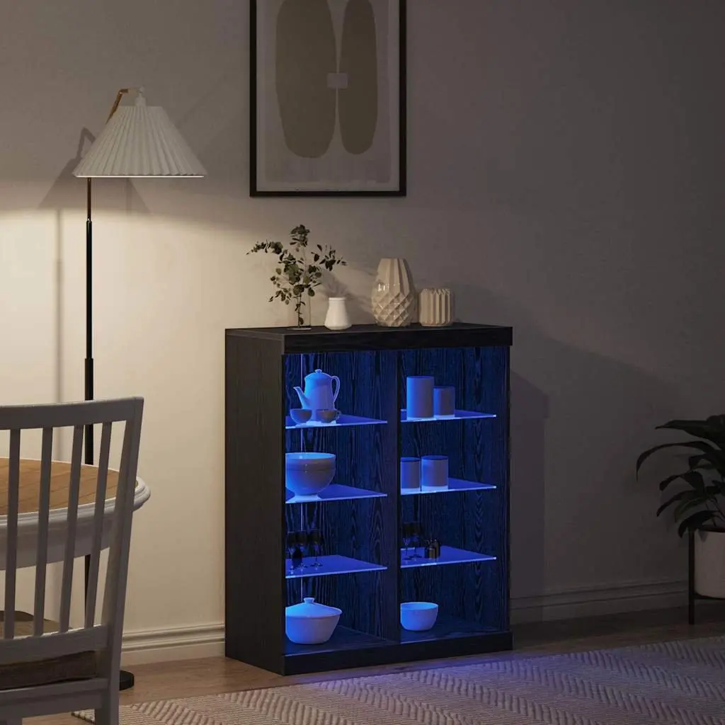LED Sideboard Black Oak Modern Dining Living Room Storage Cabinet Glass Shelves