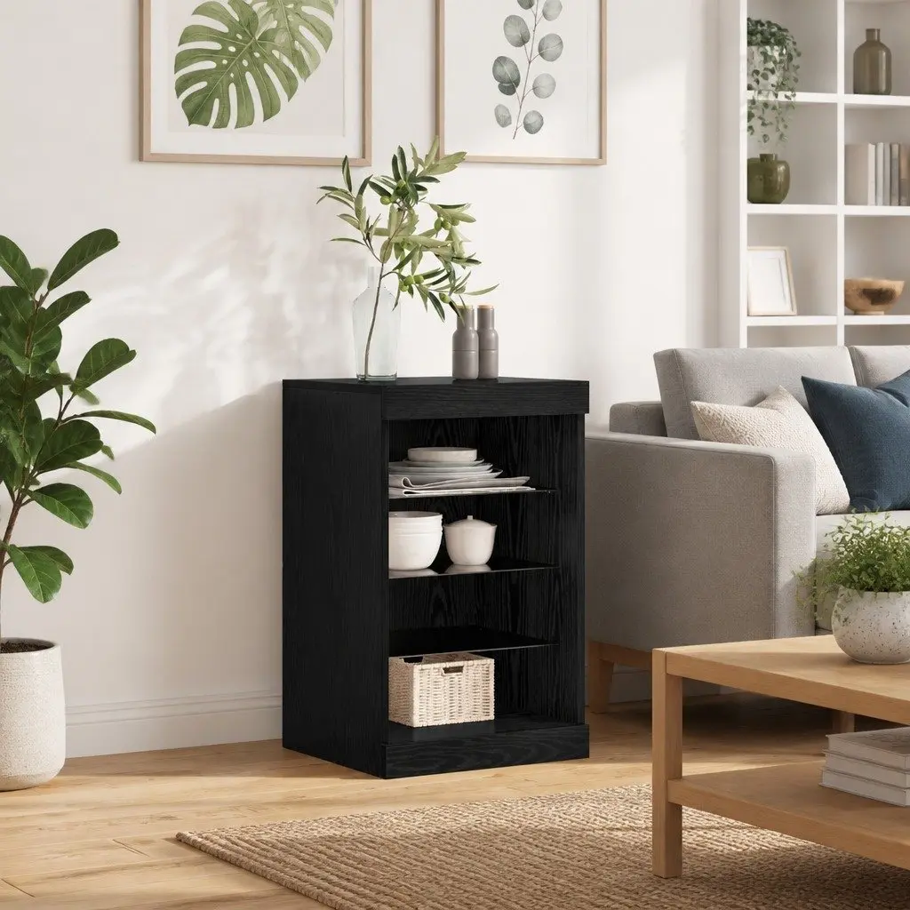 LED Sideboard Engineered Wood Black Oak Modern Storage Cabinet Glass Shelves RGB Lighting