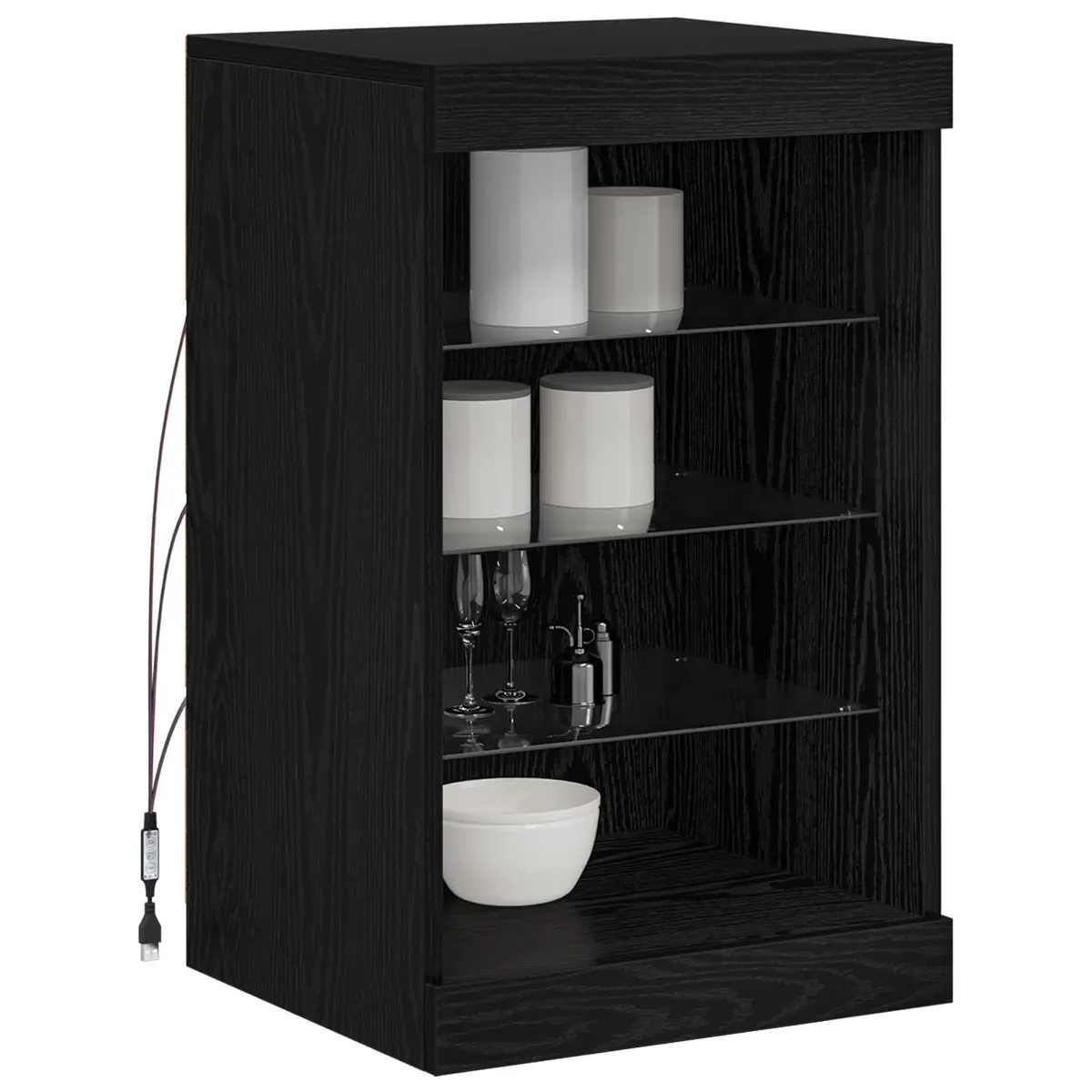 LED Sideboard Engineered Wood Black Oak Modern Storage Cabinet Glass Shelves RGB Lighting