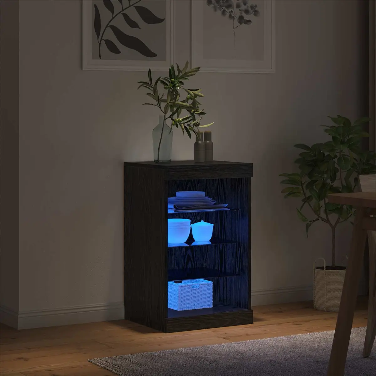 LED Sideboard Engineered Wood Black Oak Modern Storage Cabinet Glass Shelves RGB Lighting