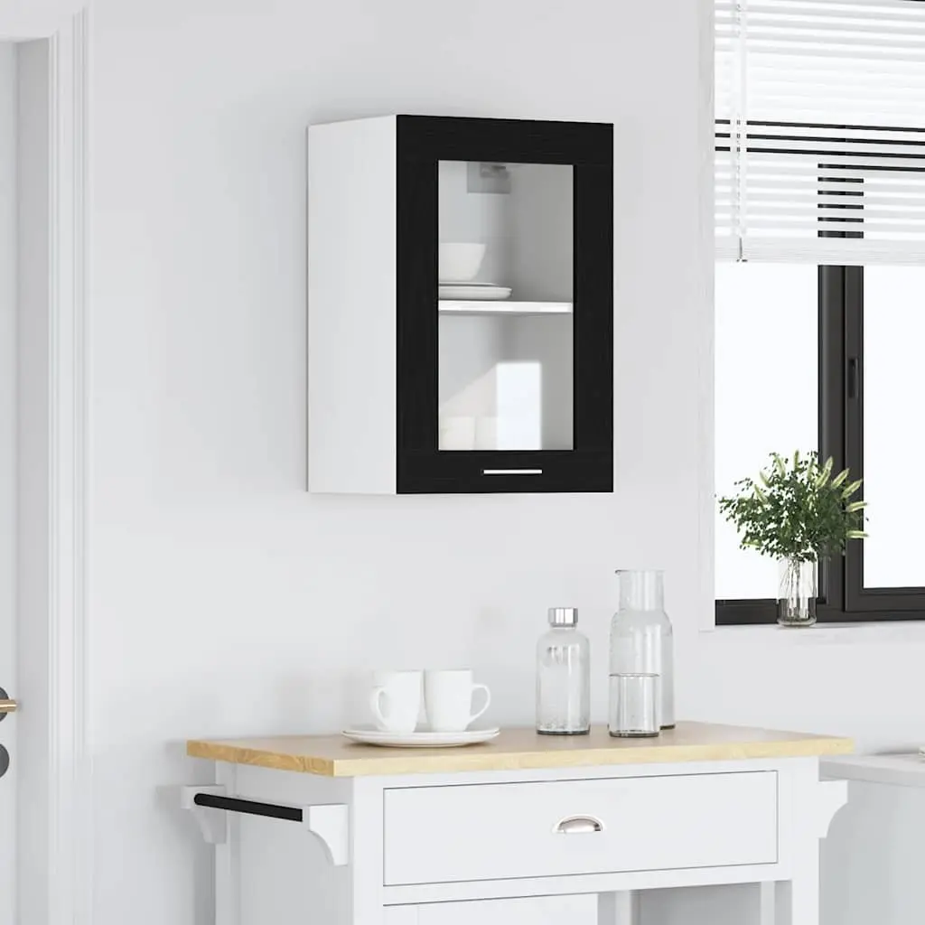 Hanging Glass Cabinet Wall-Mounted Kitchen Storage Black Oak 40x31x60cm