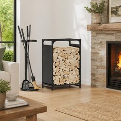 Firewood Rack Log Storage Holder Black Steel Frame Outdoor Indoor Fireplace