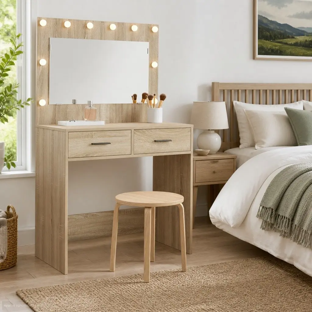 Dressing Table Engineered Wood Brown Bedroom Vanity with Mirror and LED Lights