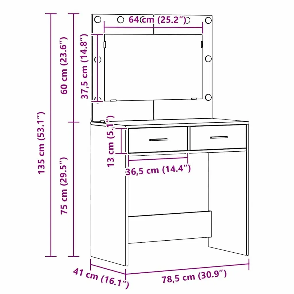 Dressing Table Engineered Wood Brown Bedroom Vanity with Mirror and LED Lights