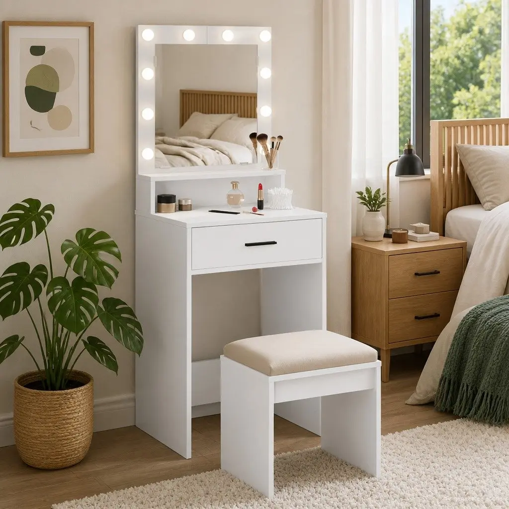 Dressing Table Engineered Wood 50 x 41 x 135 cm White with LED Mirror Lights and Drawers