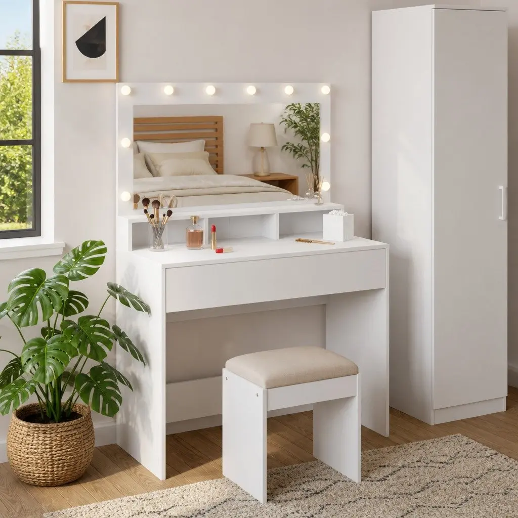 Dressing Table White Bedroom Vanity Mirror LED Lights Storage Shelves Modern