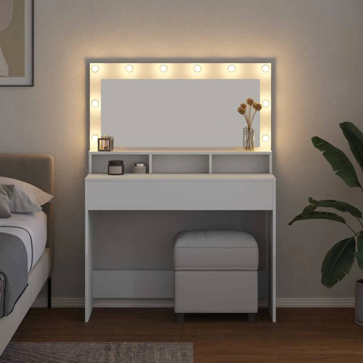 Dressing Table White Bedroom Vanity Mirror LED Lights Storage Shelves Modern