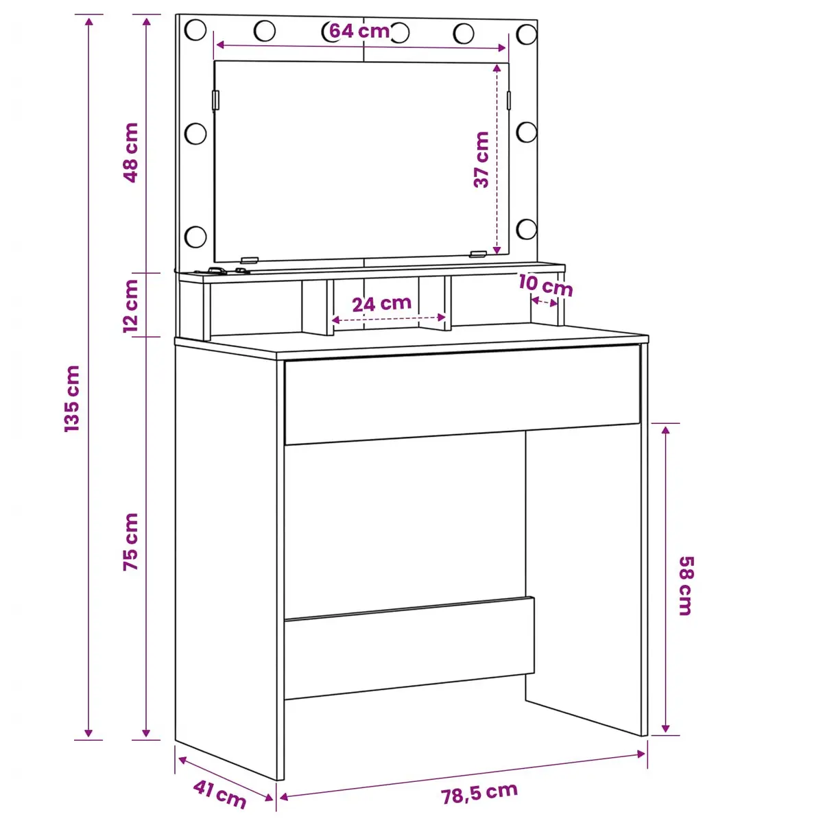 Dressing Table Engineered Wood 78.5 x 41 x 135 cm White with Integrated Mirror and LED Lights