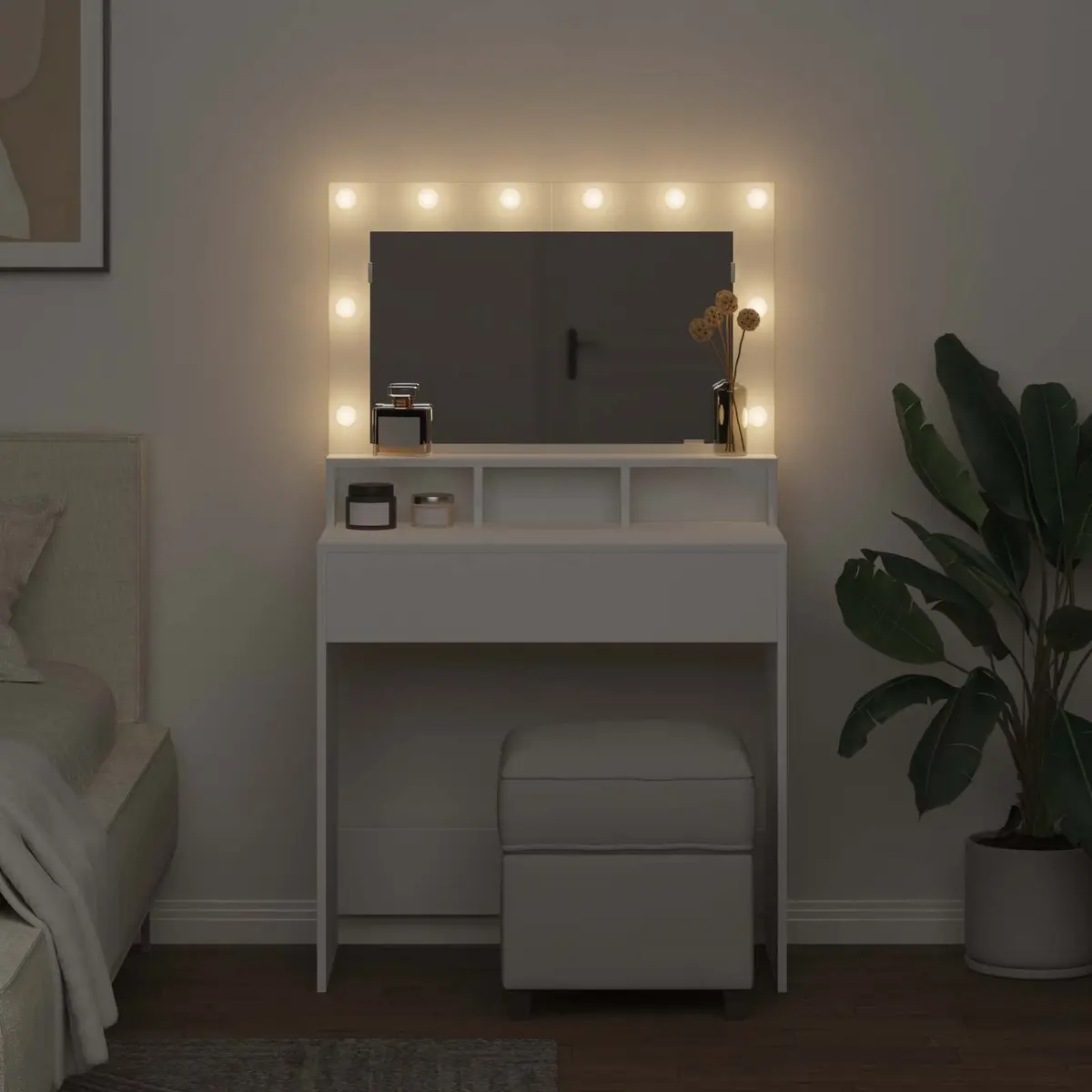 Dressing Table Engineered Wood 78.5 x 41 x 135 cm White with Integrated Mirror and LED Lights