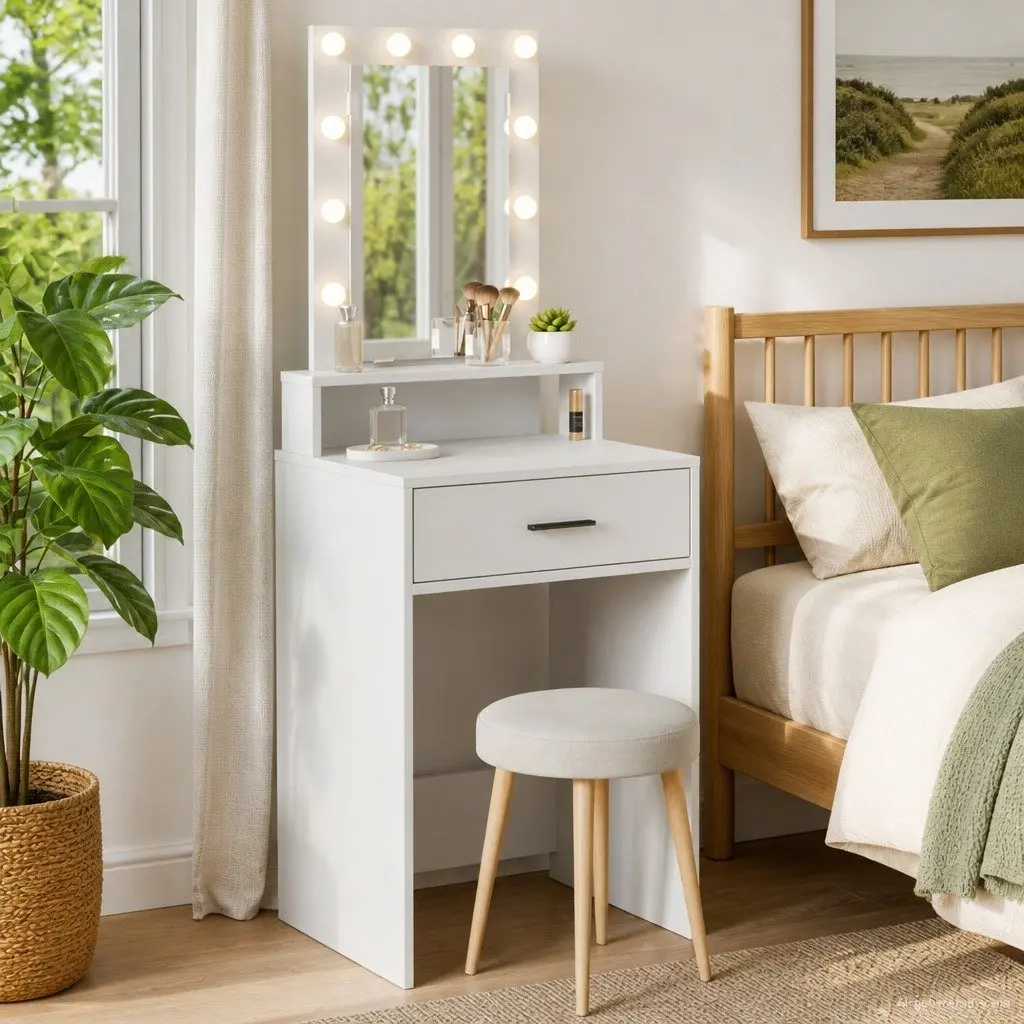 White Dressing Table Bedroom Vanity Mirror LED Lights USB Drawer Storage