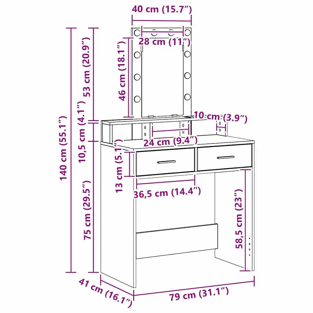 Dressing Table Engineered Wood 79 x 41 x 140 cm White with Mirror and LED Lights
