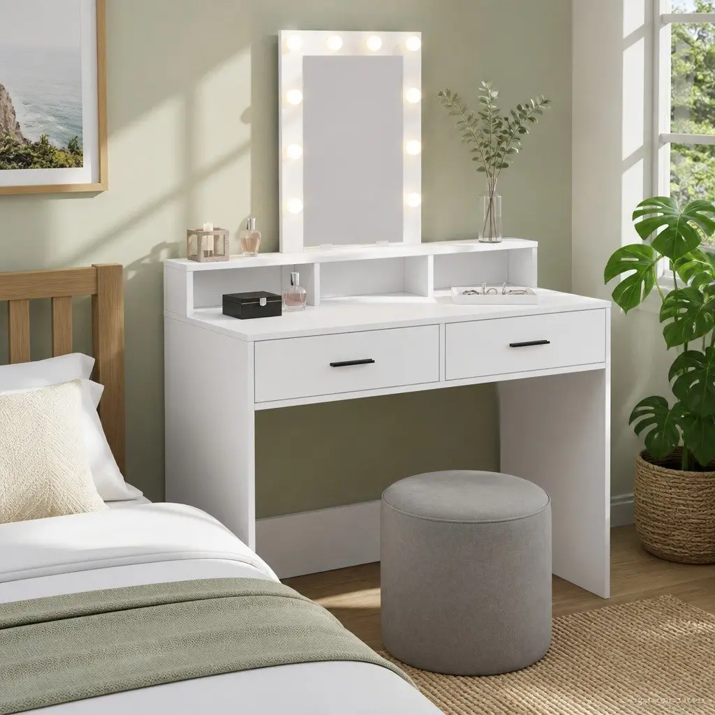Dressing Table Engineered Wood White 100x41x140cm with LED Mirror Lights Drawers USB Charging Port