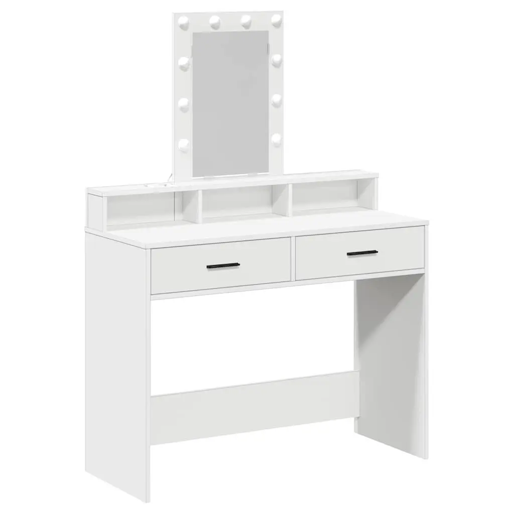 Dressing Table Engineered Wood White 100x41x140cm with LED Mirror Lights Drawers USB Charging Port