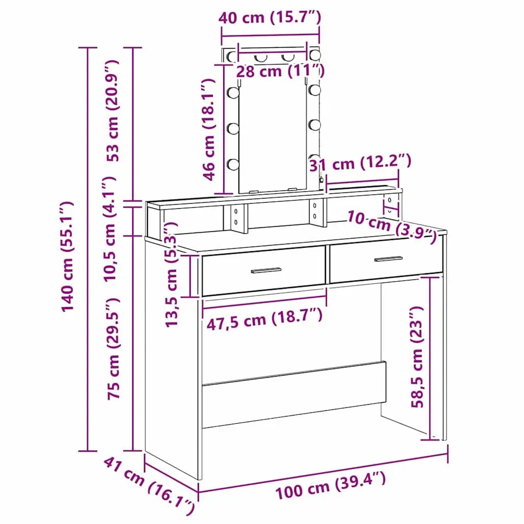 Dressing Table Engineered Wood White 100x41x140cm with LED Mirror Lights Drawers USB Charging Port