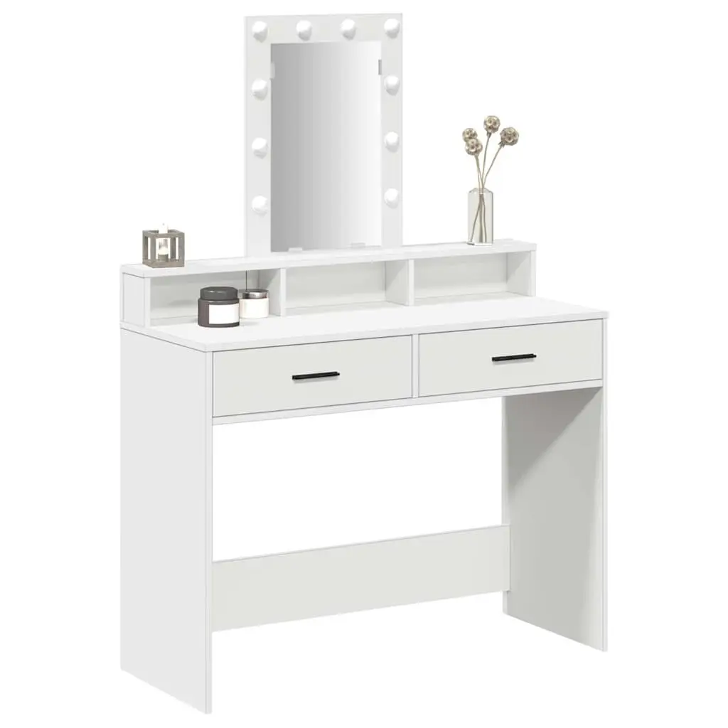 Dressing Table Engineered Wood White 100x41x140cm with LED Mirror Lights Drawers USB Charging Port