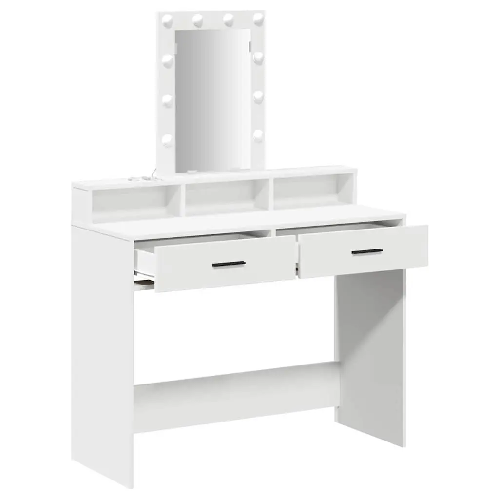 Dressing Table Engineered Wood White 100x41x140cm with LED Mirror Lights Drawers USB Charging Port
