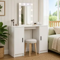 Functional White Dressing Table with Drawers and Lighting