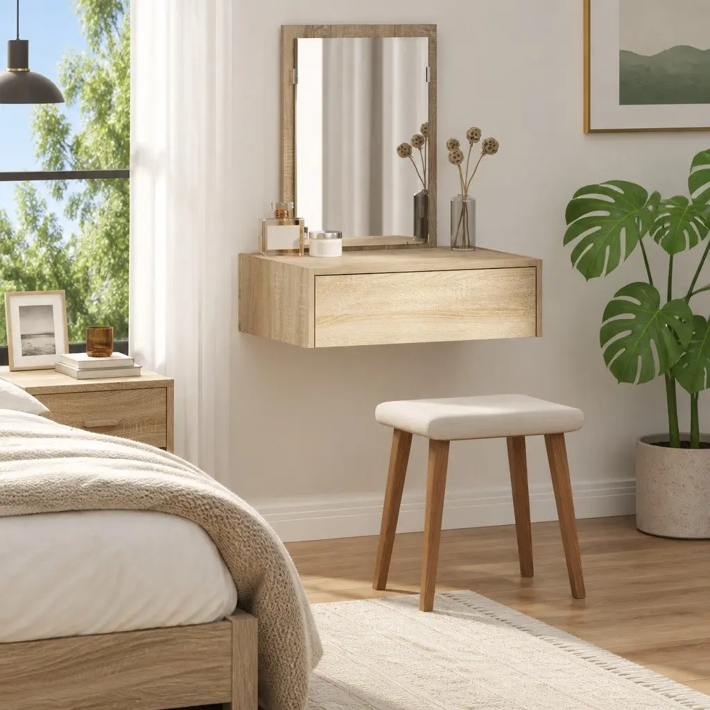 Dressing Table Engineered Wood Brown with Integrated Mirror and Drawers