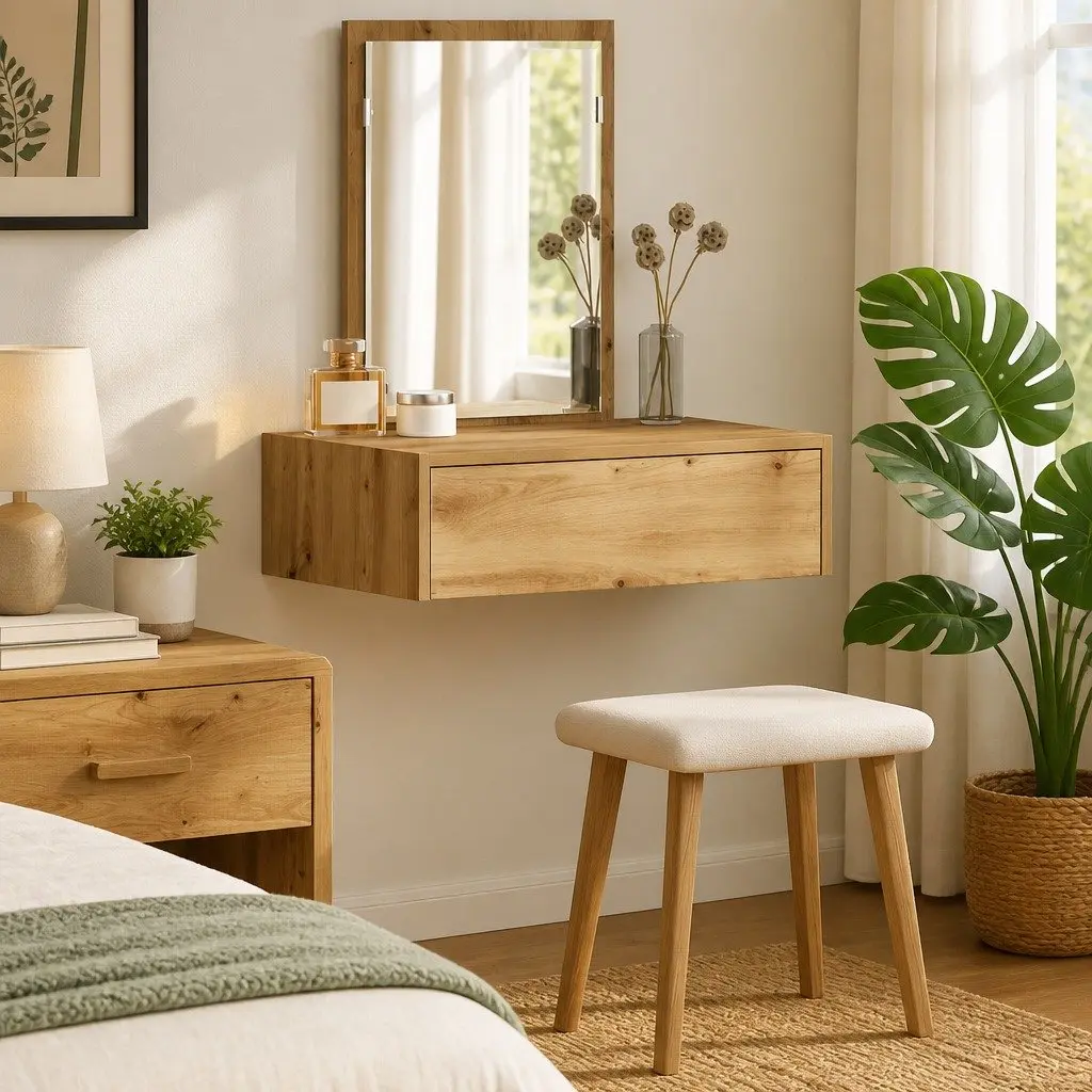 Brown Dressing Table with Integrated Mirror