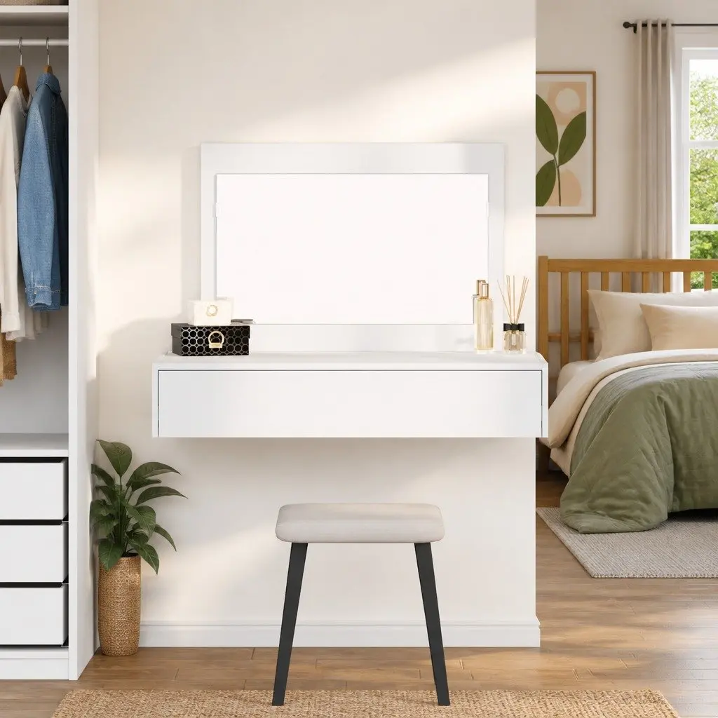 Dressing Table Modern Engineered Wood White 100x40x70cm Bedroom Vanity Unit with Storage and Integrated Mirror