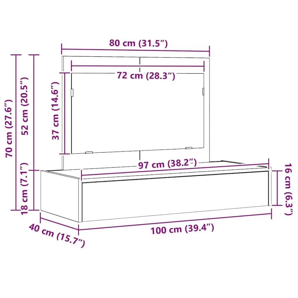 Dressing Table Modern Engineered Wood White 100x40x70cm Bedroom Vanity Unit with Storage and Integrated Mirror