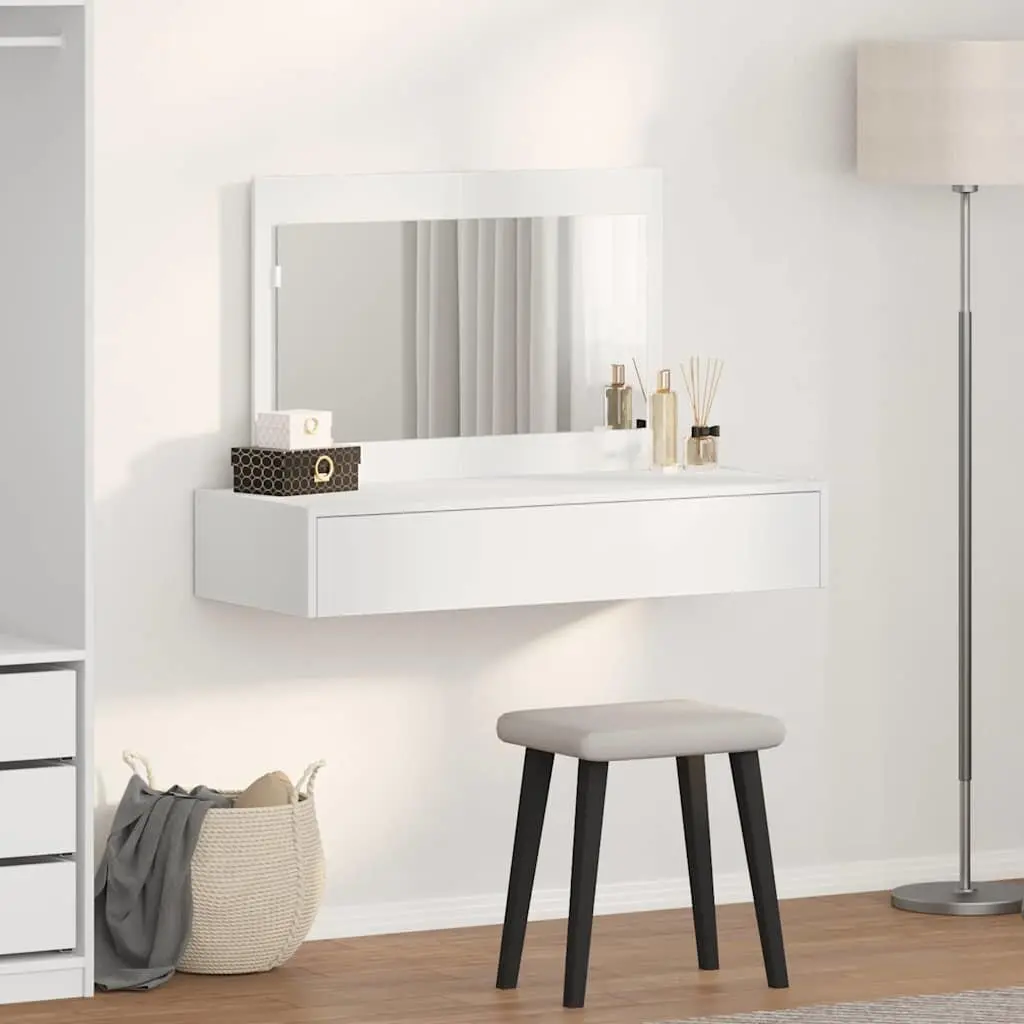 Dressing Table Modern Engineered Wood White 100x40x70cm Bedroom Vanity Unit with Storage and Integrated Mirror