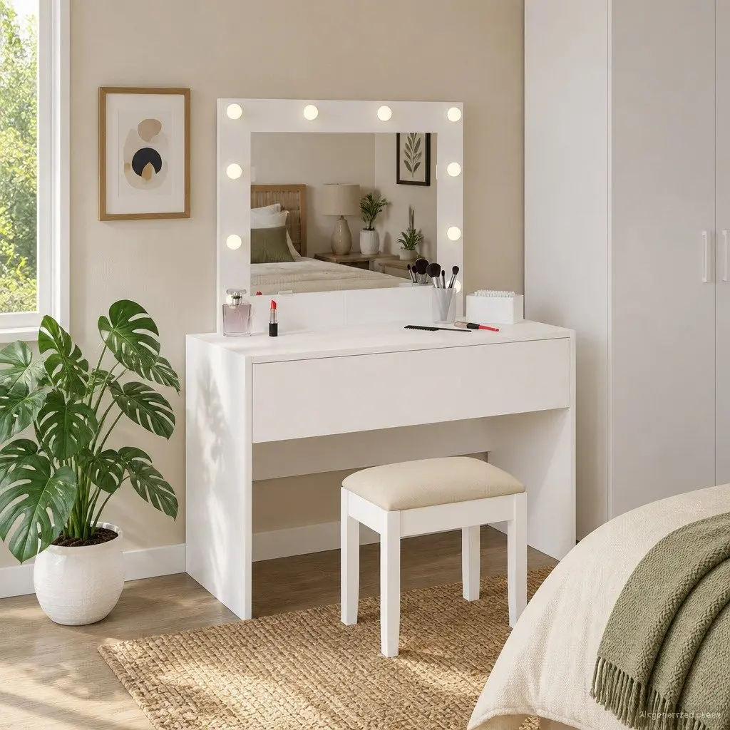 Dressing Table Modern White Engineered Wood Storage 83x40x70cm with Mirror and Drawers for Bedroom
