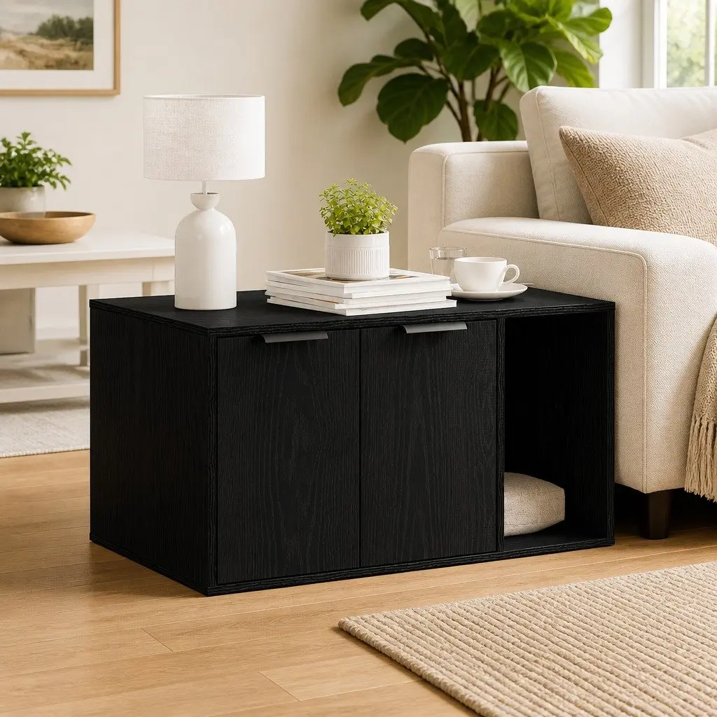 Cat Litter Box Enclosure Furniture Hidden Design Black Oak 80x50x45cm