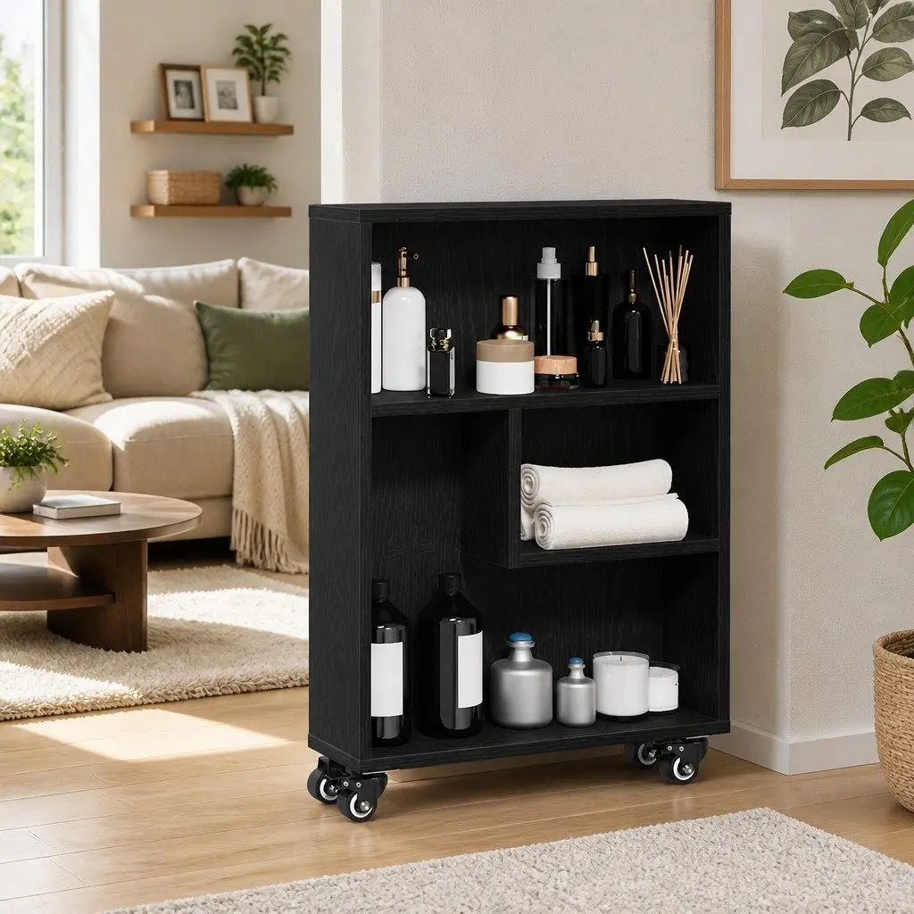Narrow Organizer Trolley Engineered Wood Black 48x13x68cm Shelving Unit for Home Office
