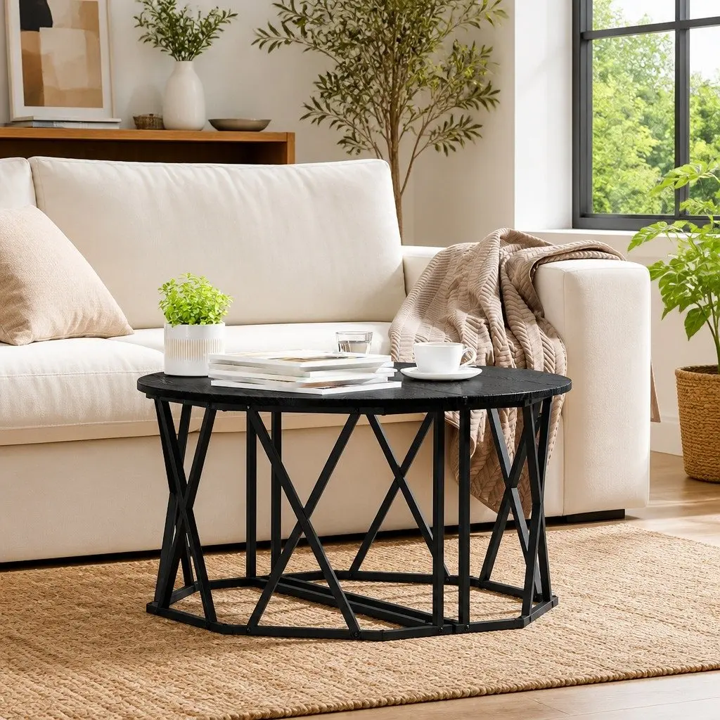 Round Coffee Table Engineered Wood Steel Frame 80x80x42cm Black
