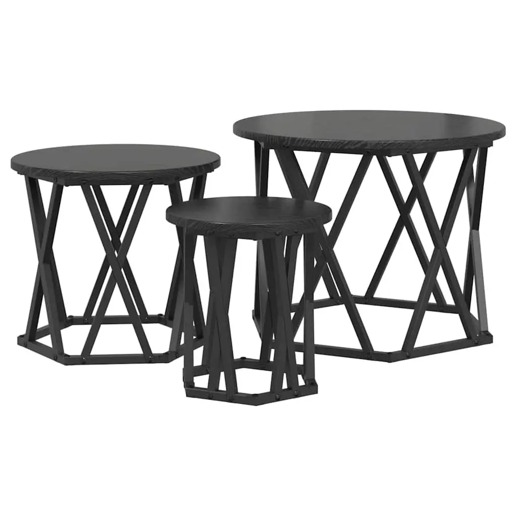 Nesting Side Table Set Engineered Wood and Steel Frame 3 Pieces Black Modern