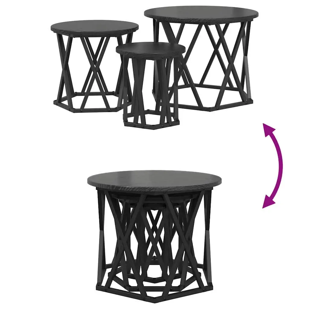 Nesting Side Table Set Engineered Wood and Steel Frame 3 Pieces Black Modern