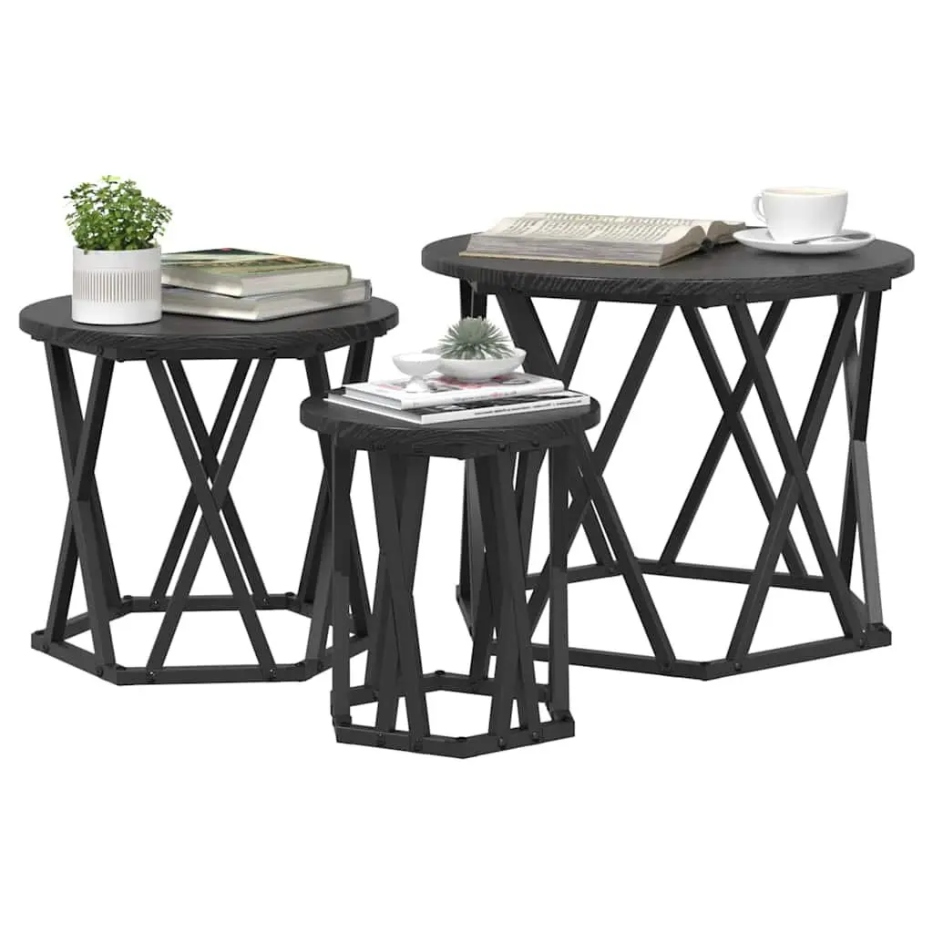 Nesting Side Table Set Engineered Wood and Steel Frame 3 Pieces Black Modern