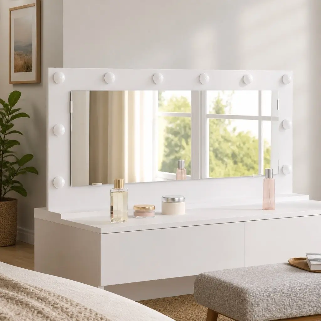 LED Makeup Mirror White Glass Wood 100x45cm Integrated LED Strip Lights Flat Surface