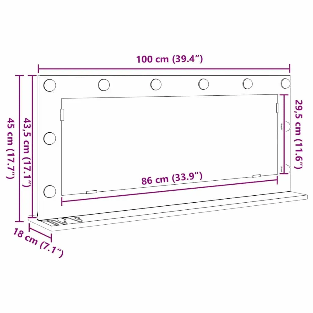 LED Makeup Mirror White Glass Wood 100x45cm Integrated LED Strip Lights Flat Surface