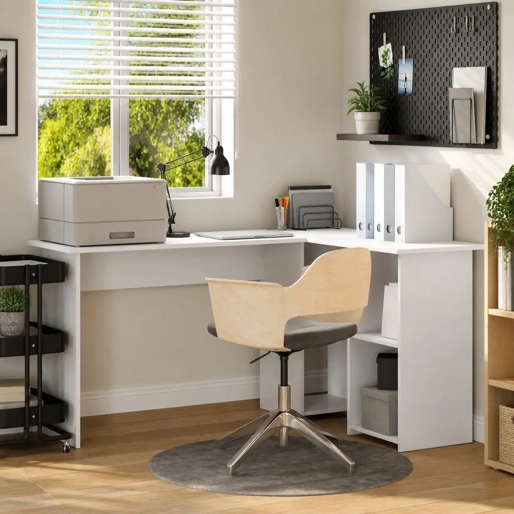 Corner Desk with Integrated Shelves Engineered Wood 142x102x73cm Matte White for Home Office Study Workspace