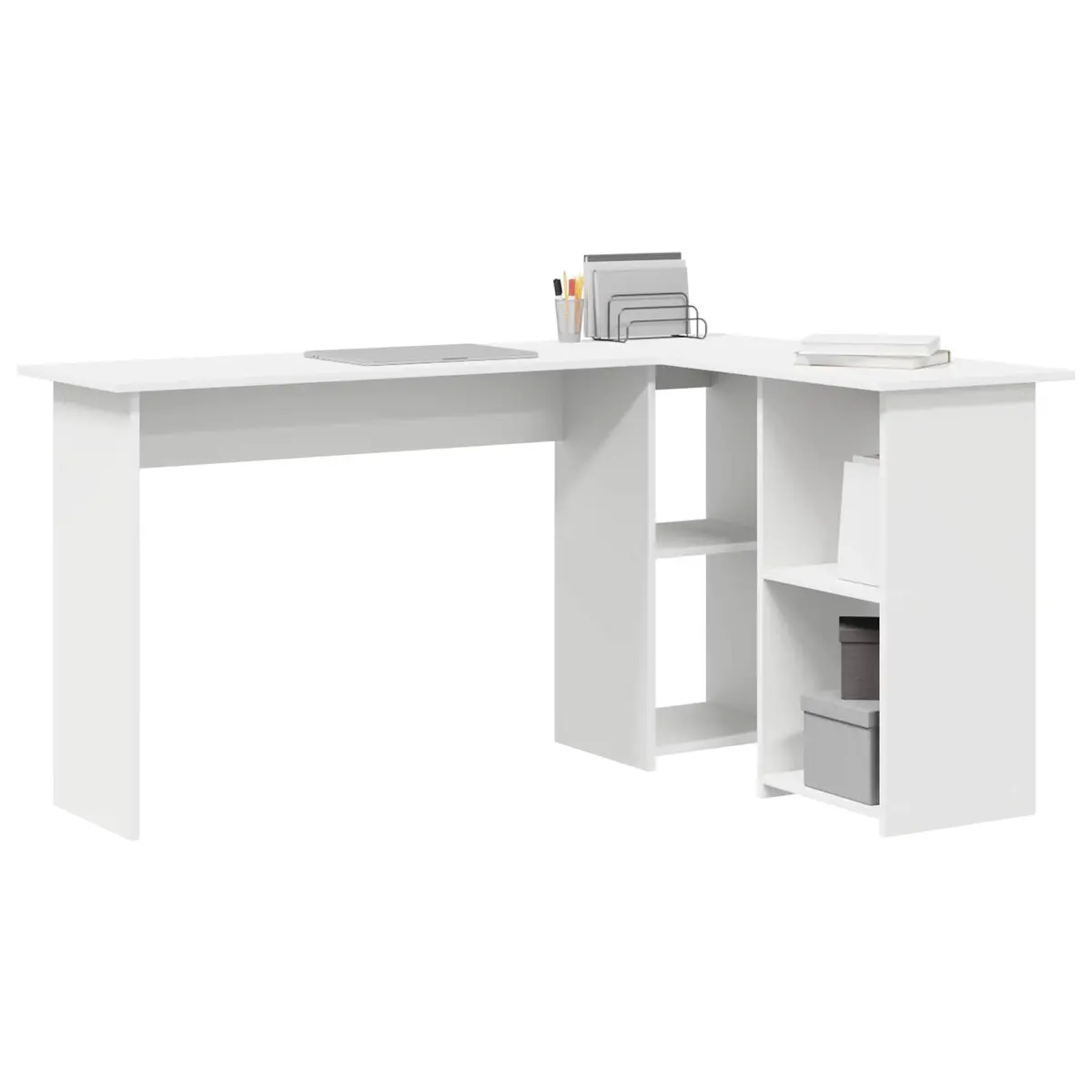 Corner Desk with Integrated Shelves Engineered Wood 142x102x73cm Matte White for Home Office Study Workspace